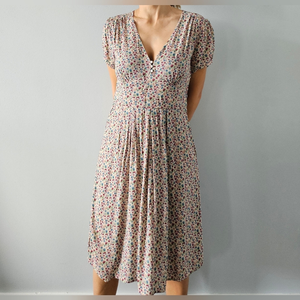 Naf Naf Floral Village Lined Summer Midi Dress Sz 40 / M?? Zip Beige Blue